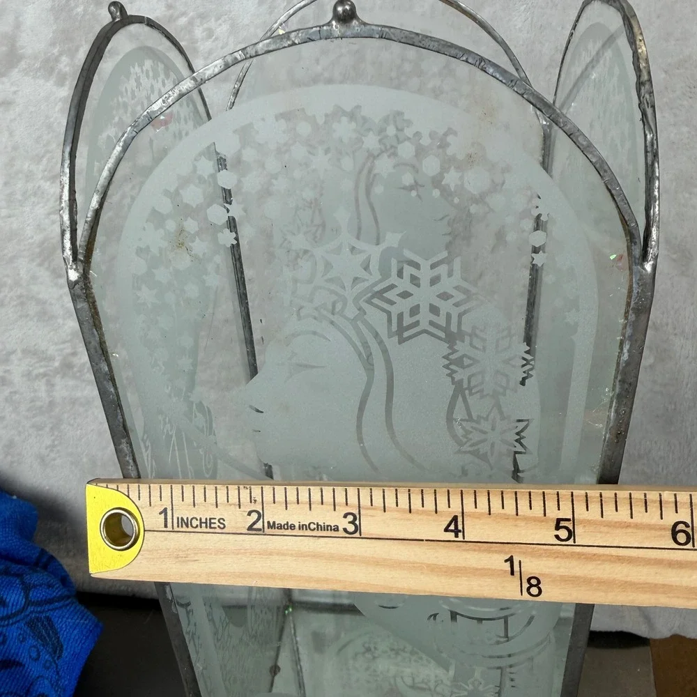 Art Nouveau Etched Stained Glass Winter Snow Queen Lantern Candle Holder‎ 13.5in